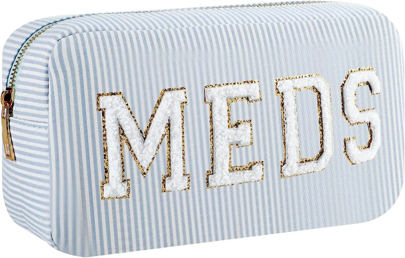 uekeboag Seersucker Chenille Letter Stuff Meds RX Makeup Bag, Travel Washable Purse Organizer with Zipper, Lightweight Toiletry Cute Personalized Preppy Cosmetic Bag For Women and Girls(03Blue Meds)