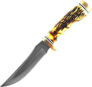 Uncle Henry 153UH Golden Spike Fixed Blade Knife with 5in High Carbon S.S. Blade, Staglon Handle, Sharpening Stone, Full Tang, and Leather Sheath for Hunting, Skinning, Camping, and Outdoors