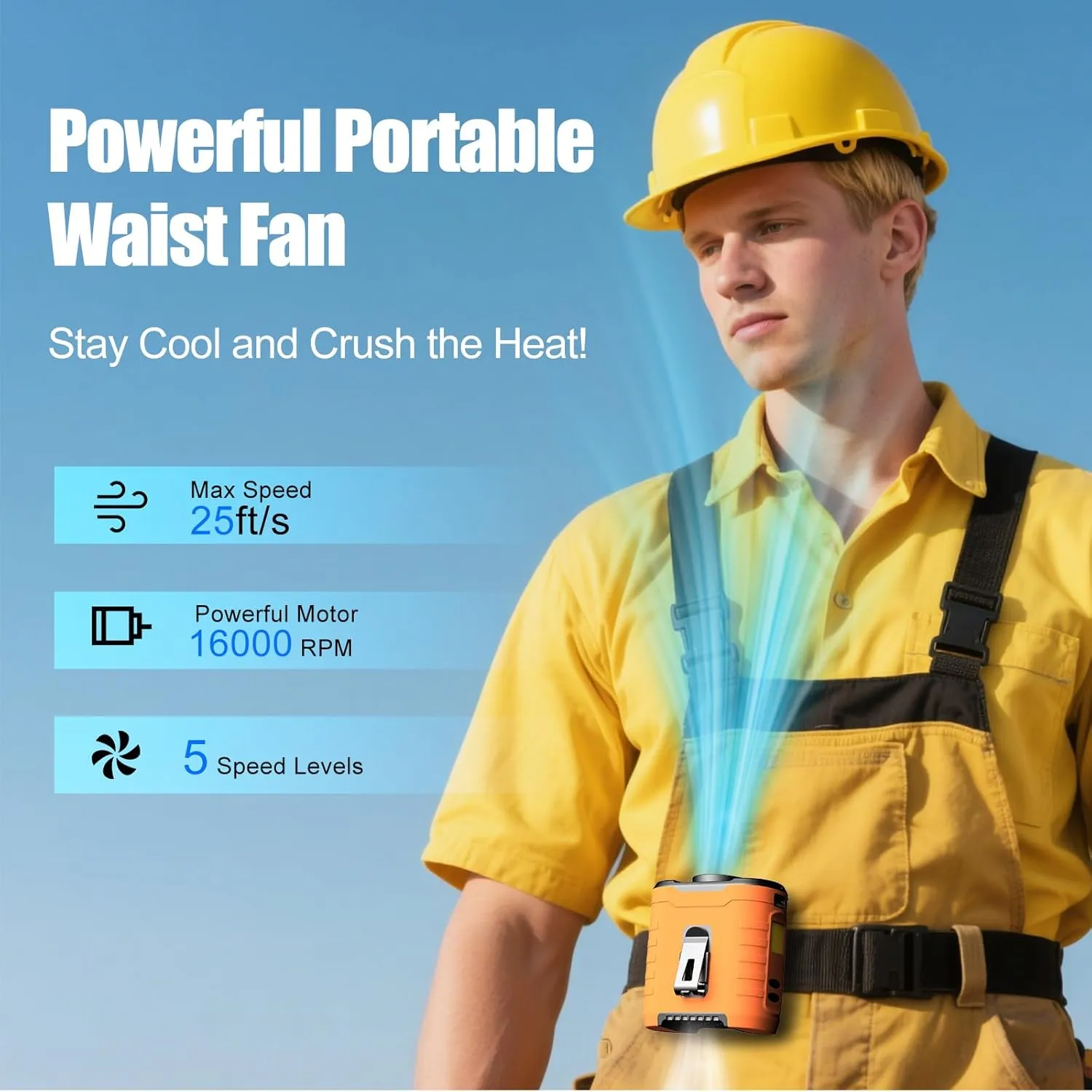 Upgraded Portable Waist Fan & Neck Fan, Up to 40H Runtime, 10000mAh Rechargeable Clip-On Belt Fan with 5-Speed 16000 RPM Turbo Airflow, Personal Wearable Fan for Outdoor Work, Camping, Travel - Orange