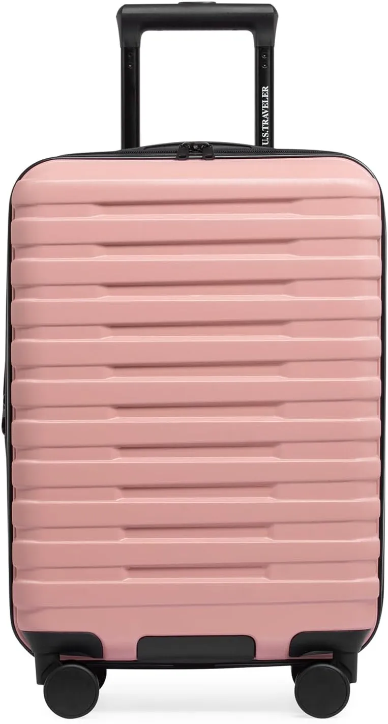 U.S. Traveler Boren Polycarbonate Hardside Rugged Travel Suitcase Luggage with 8 Spinner Wheels, Aluminum Handle, Pink, Carry-on 22-Inch, USB Port