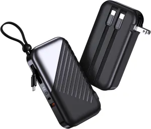 USB C Portable Charger with Wall Plug 10000mAh Power Bank Fast Charging 27W Portable Charger with Built in Cable Phone Portable Charger for iPhone Samsung Android, Black