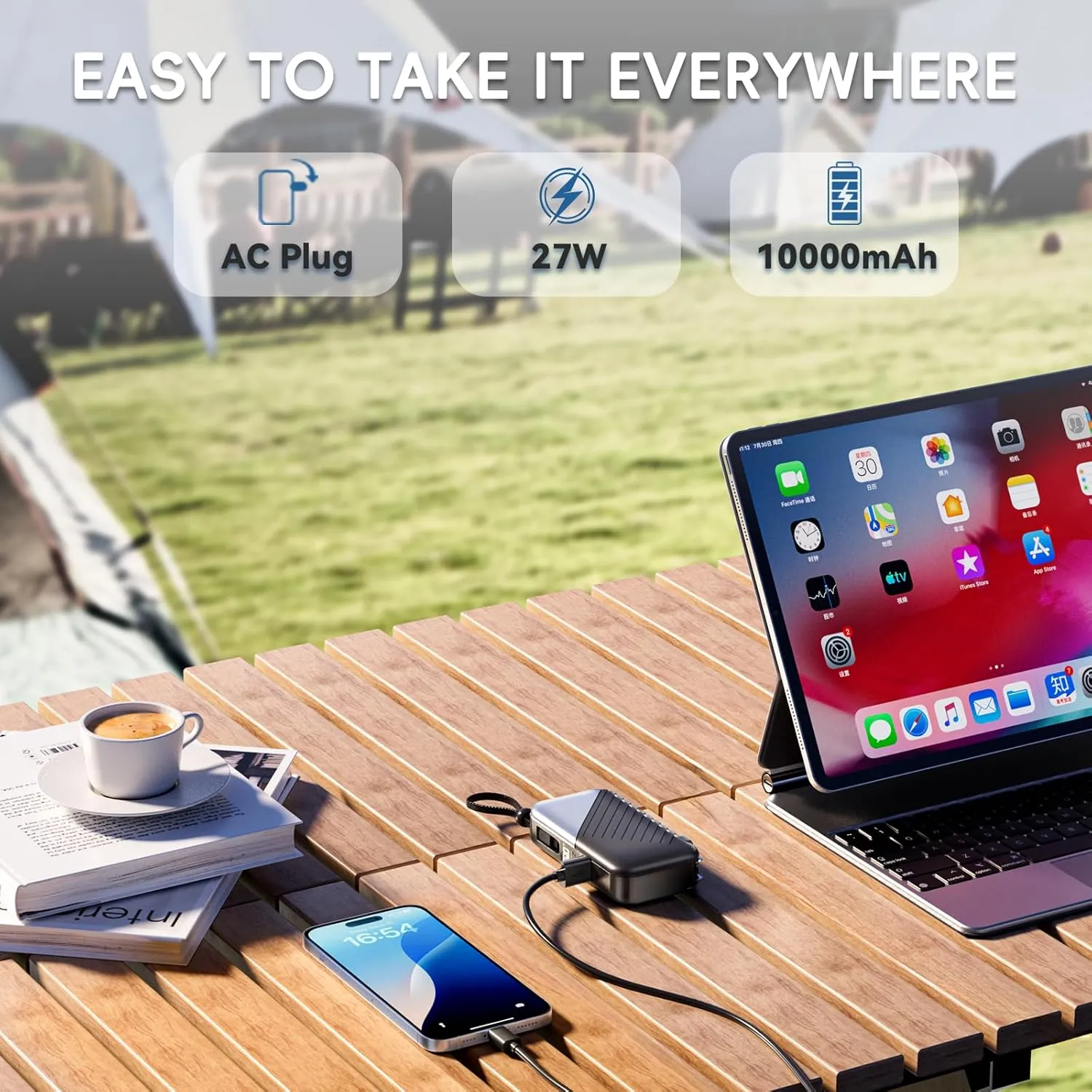 USB C Portable Charger with Wall Plug 10000mAh Power Bank Fast Charging 27W Portable Charger with Built in Cable Phone Portable Charger for iPhone Samsung Android, Black