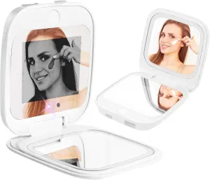 UV Camera Mirror for Sunscreen Test & SPF Detection, 1x/2x Magnifying Travel Mirror with Dimmable LED Lights, Handheld 2-Sided Portable Makeup Mirror for Handbag/Pocket,White