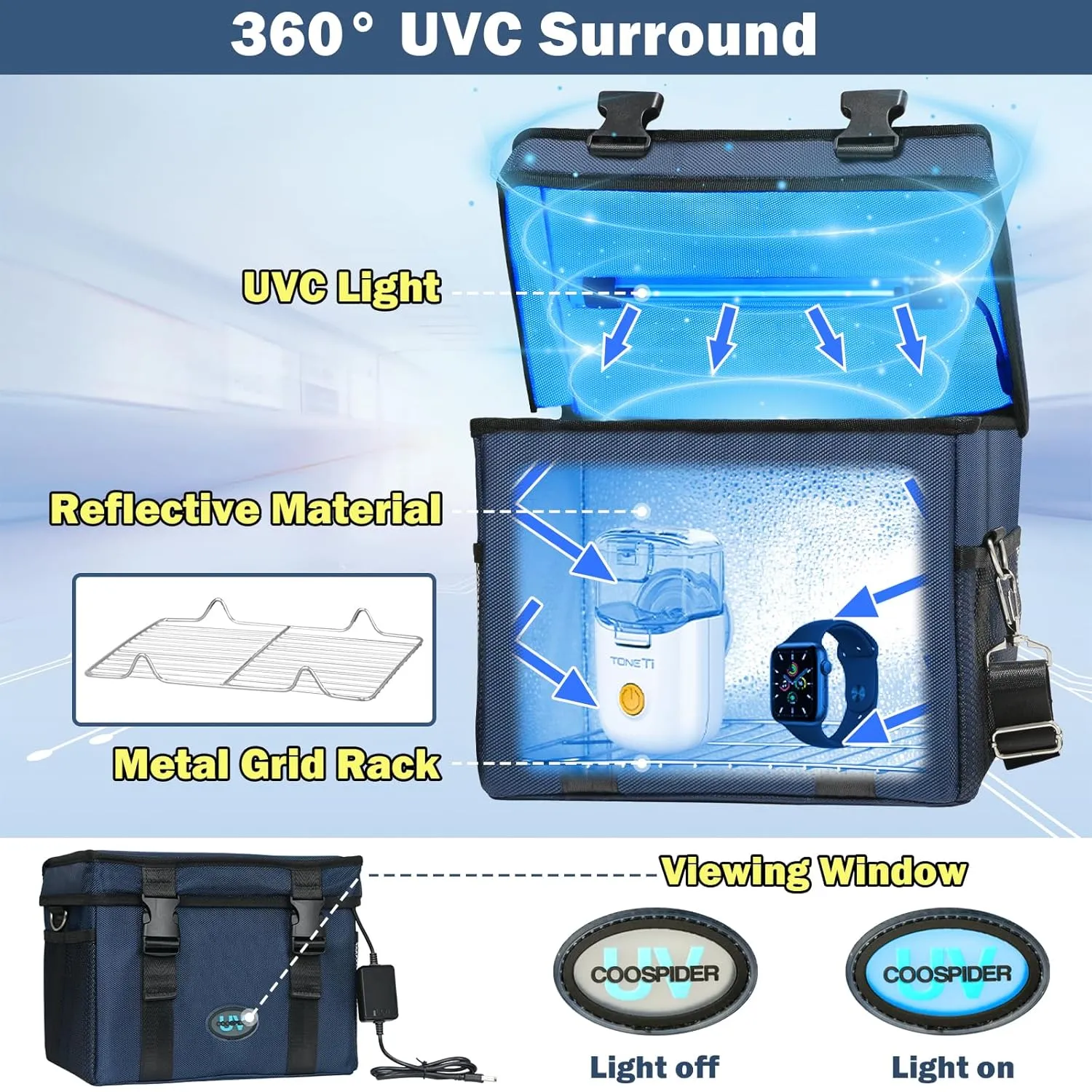 UVC Sanitizer Box Ozone Free with Timer, Portable Large Cleaner Bag with USB Port, UV Light Blue Tote for Mask, Cell Phone, Baby Bottle, Key, Towel 12L