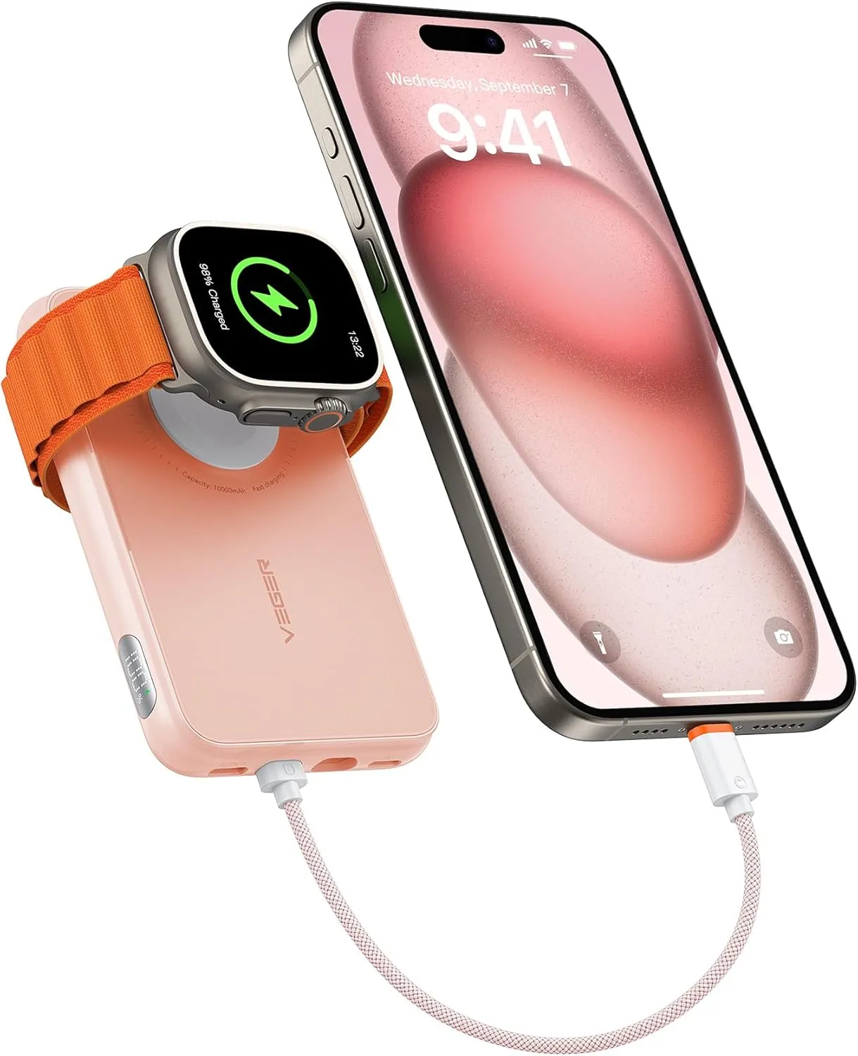 VEGER Portable Charger for iPhone with Built in Cable, 10000mAh Mini Power Bank Battery Pack, PD 20W Fast Charger Travel Accessory Compatible with iPhone 15/14/13/12/Pro Max, Apple Watch Series-Pink