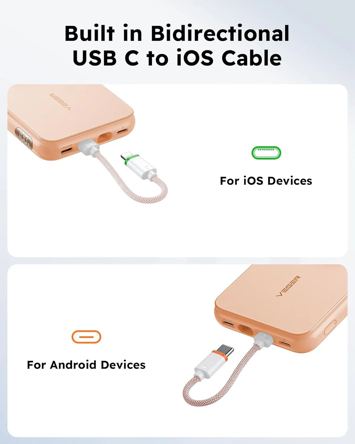 VEGER Portable Charger for iPhone with Built in Cable, 10000mAh Mini Power Bank Battery Pack, PD 20W Fast Charger Travel Accessory Compatible with iPhone 15/14/13/12/Pro Max, Apple Watch Series-Pink