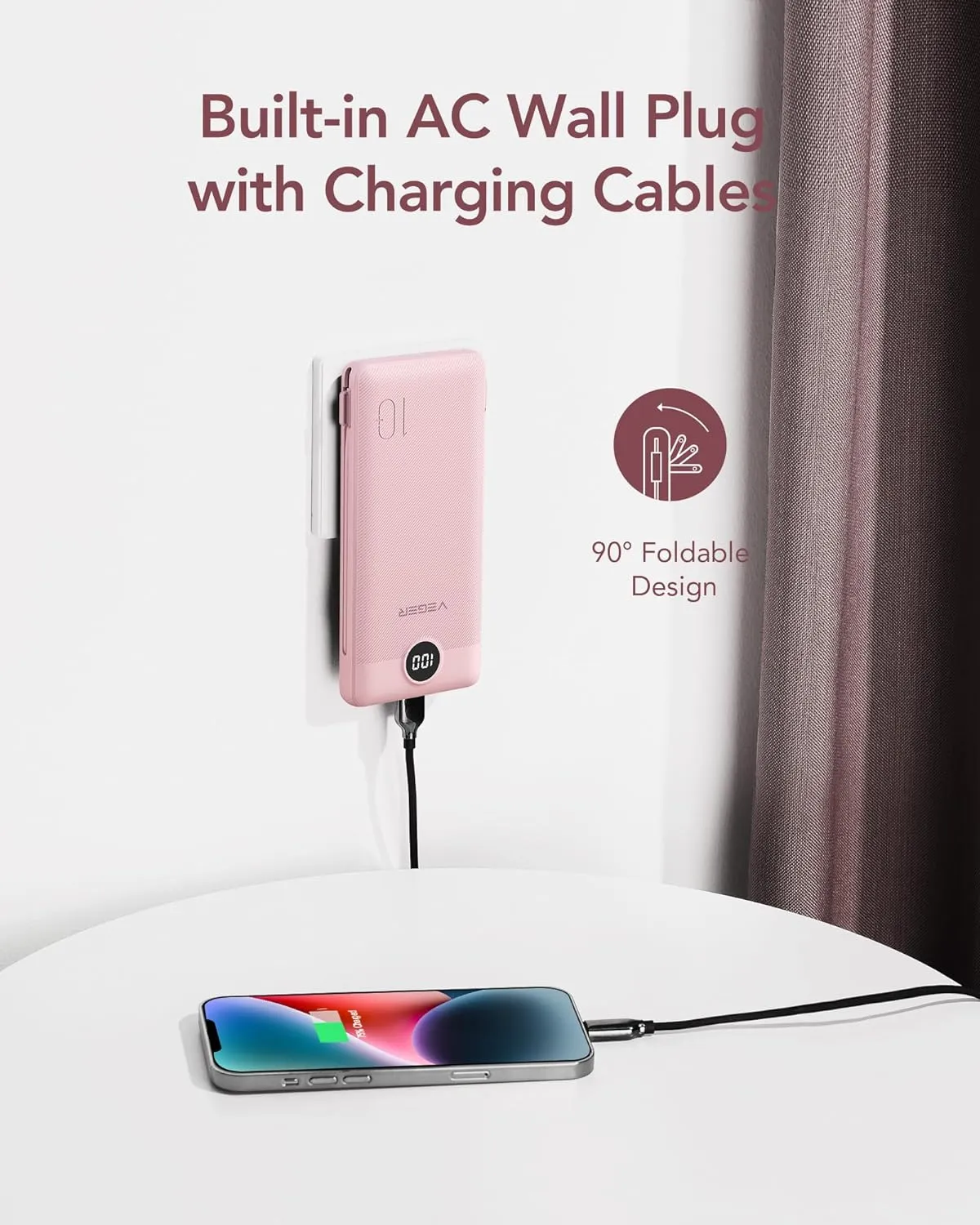 VEGER Portable Charger for iPhone with Built in Cables and Wall Plug, 10000mah Slim Fast Charging USB C Power Bank, Travel Essential Battery Pack Compatible with iPhone, iPad, Samsung etc(Crepe)