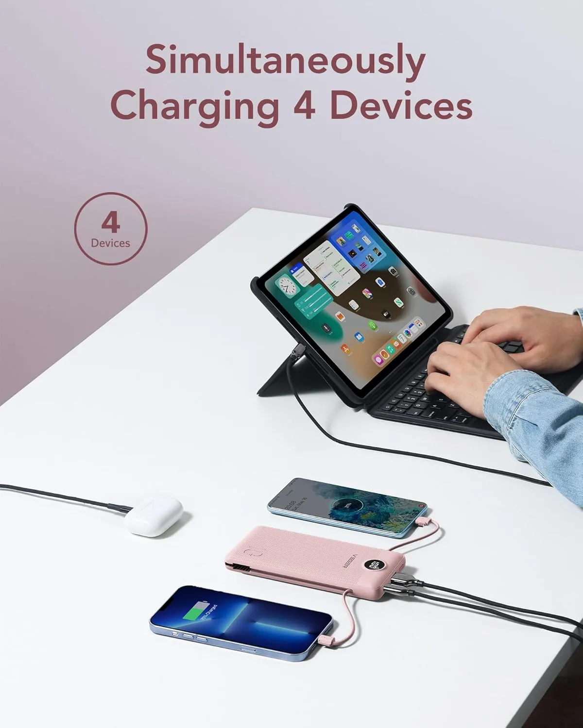 VEGER Portable Charger for iPhone with Built in Cables and Wall Plug, 10000mah Slim Fast Charging USB C Power Bank, Travel Essential Battery Pack Compatible with iPhone, iPad, Samsung etc(Crepe)