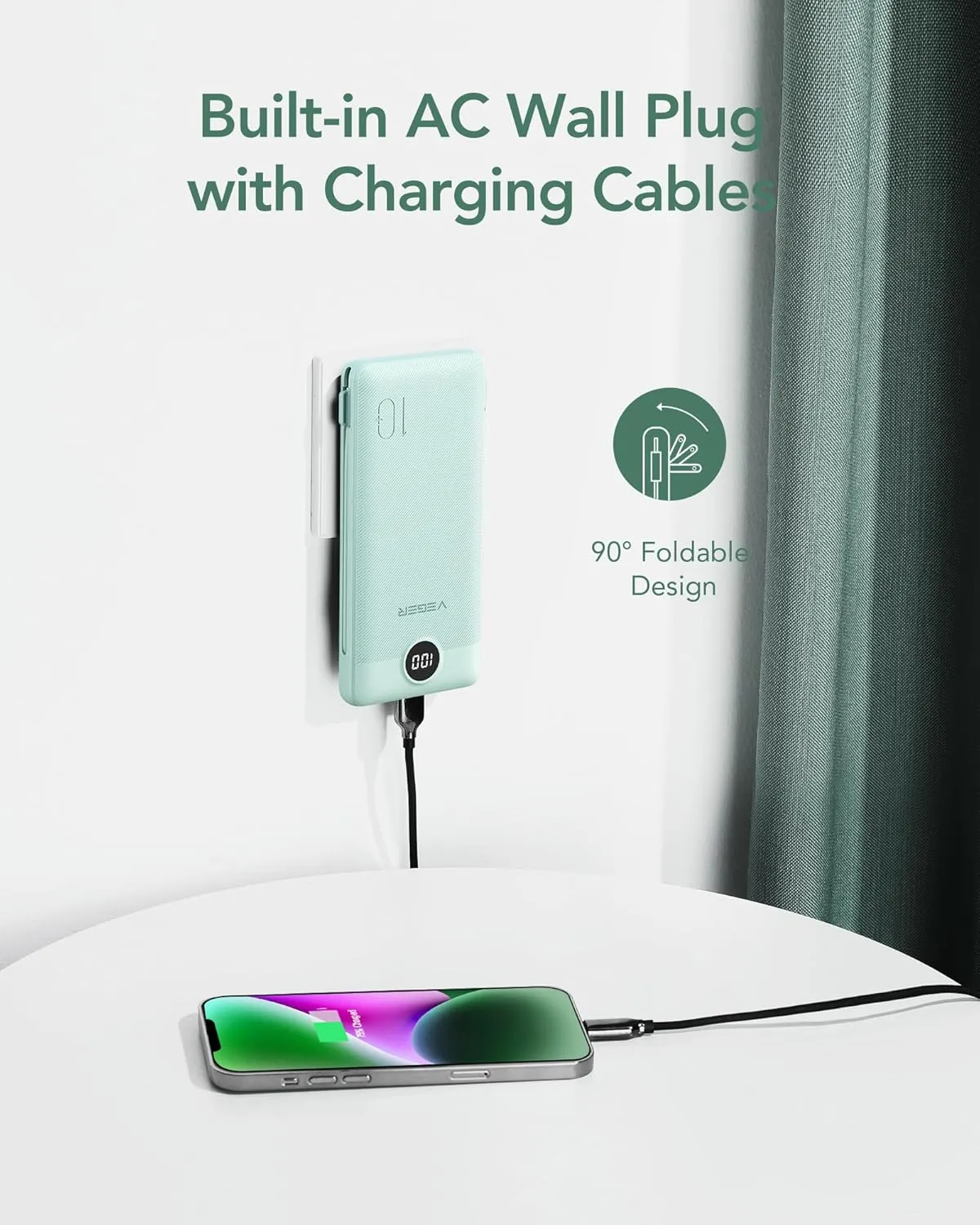 VEGER Portable Charger for iPhone with Built in Cables and Wall Plug, 10000mah Slim Fast Charging USB C Power Bank, Travel Essential Battery Pack Compatible with iPhone, iPad, Samsung etc(Green)