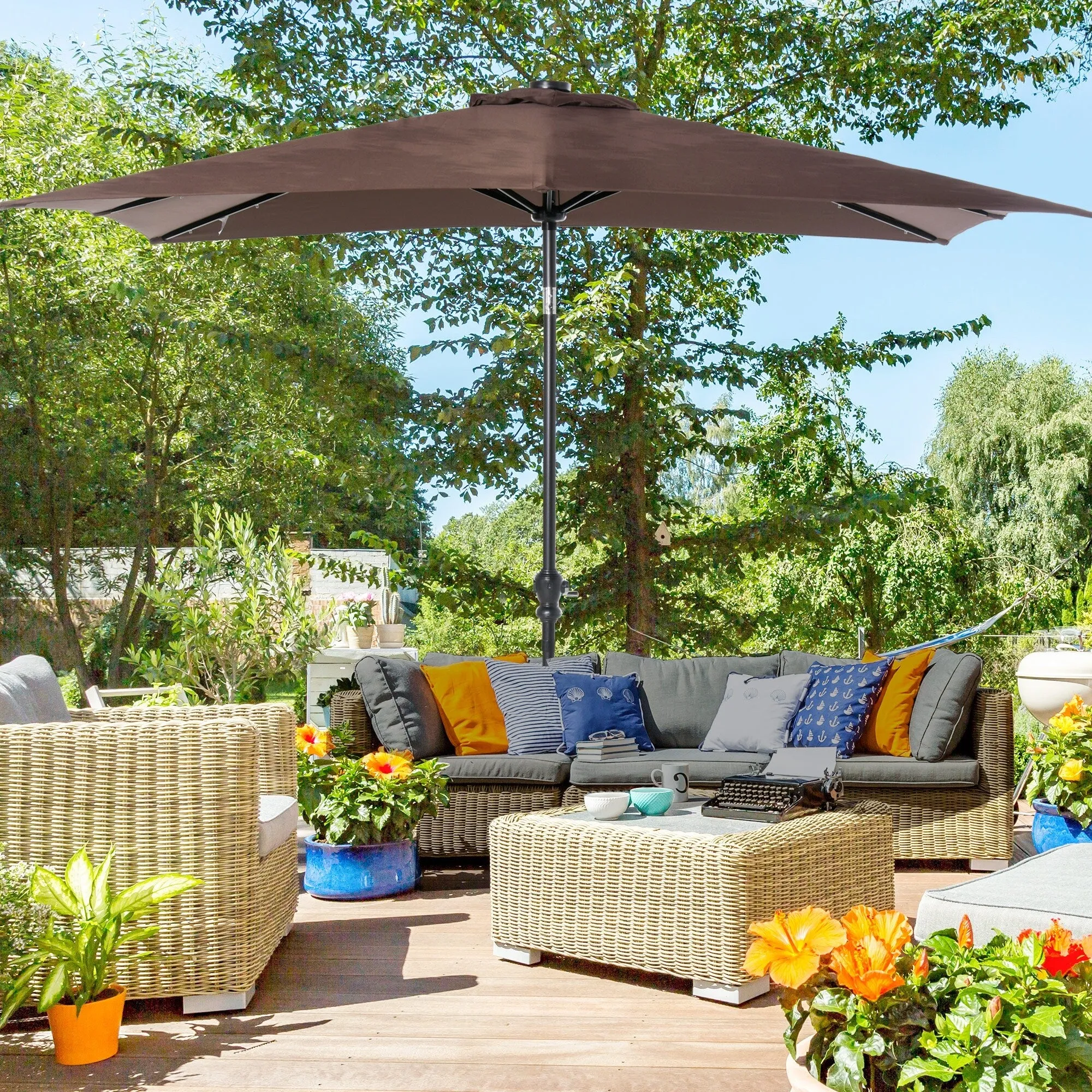 Versatile Outdoor Umbrella with LED Lights and Adjustable Features for Relaxation