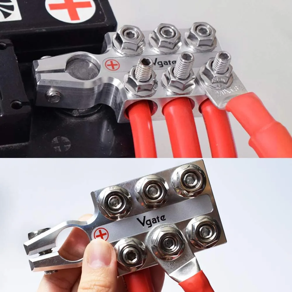 Vgate Lead Acid Battery Terminal Clamps, 8AWG up to 4/0(XL) AWG Gauge, 12-Way Connectors, Positive and Negative ( /-)(Pair) for SAE/DIN/EN Tapered Top Post
