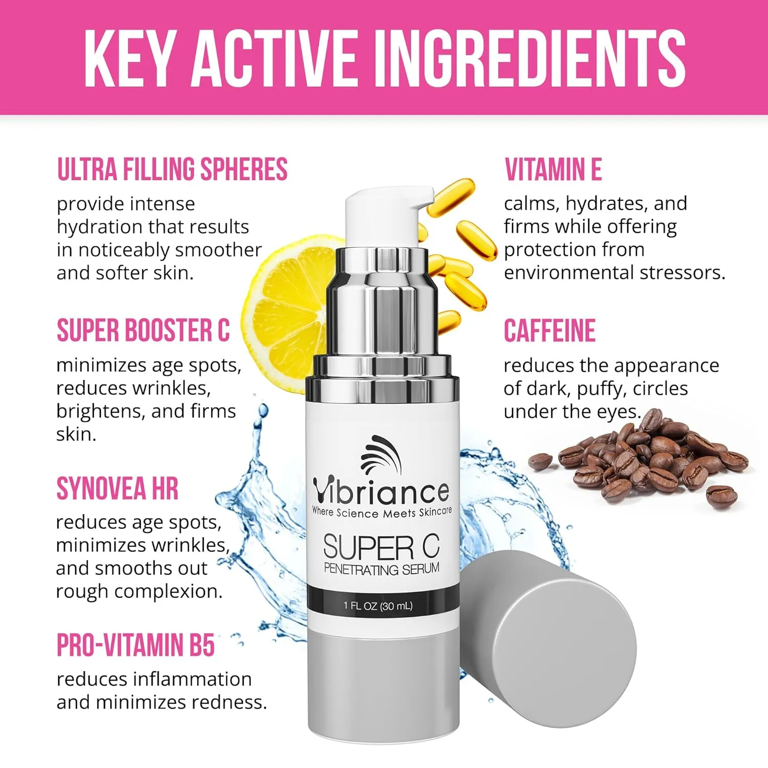 Vibriance Super C Serum for Mature Skin - All-in-One Vitamin Formula Hydrates, Firms, Lifts, Smooths, Targets Age Spots, Wrinkles, 1 fl oz - Pack of 3