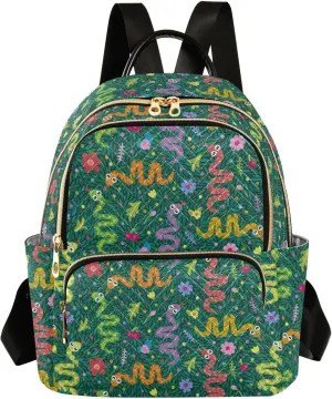 VIGTRO Women Fashion Backpack Quilted Mini Purse Cartoon Snakes Leaves Flowers, Lightweight Travel Casual Shoulder Backpack with Adjustable Straps Size M