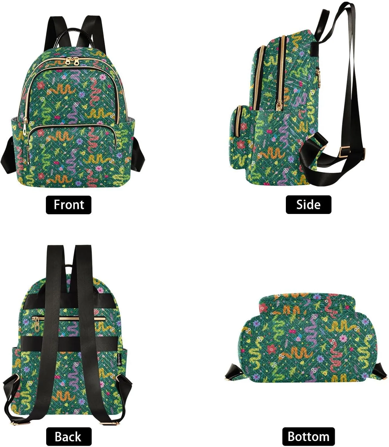 VIGTRO Women Fashion Backpack Quilted Mini Purse Cartoon Snakes Leaves Flowers, Lightweight Travel Casual Shoulder Backpack with Adjustable Straps Size M