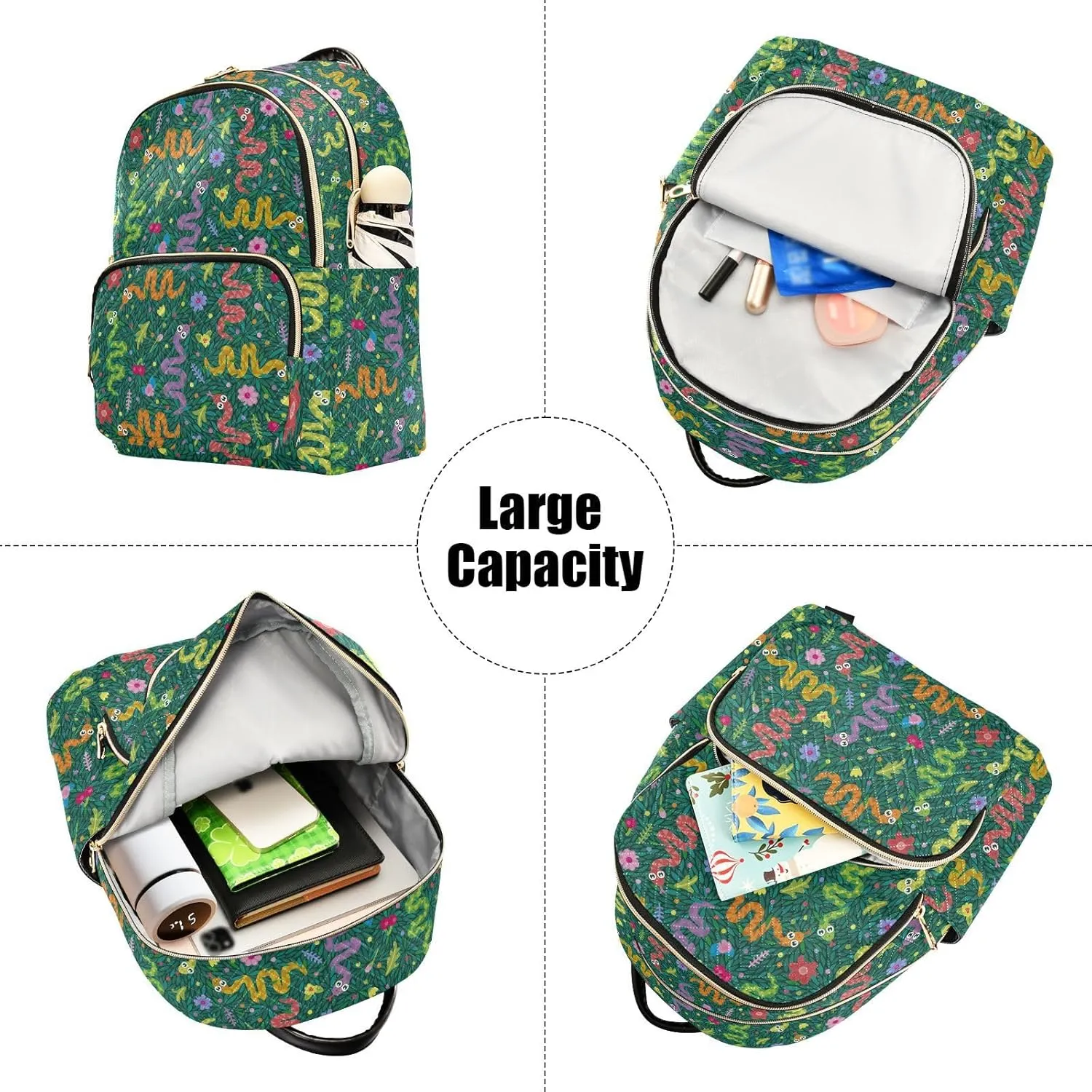VIGTRO Women Fashion Backpack Quilted Mini Purse Cartoon Snakes Leaves Flowers, Lightweight Travel Casual Shoulder Backpack with Adjustable Straps Size M