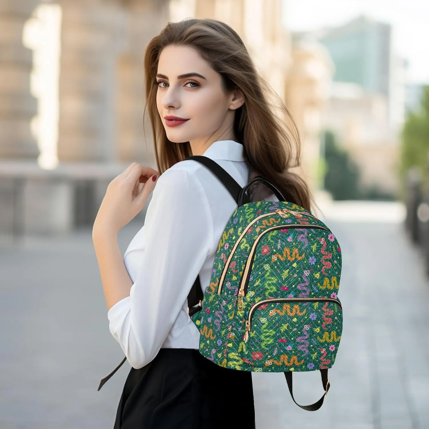 VIGTRO Women Fashion Backpack Quilted Mini Purse Cartoon Snakes Leaves Flowers, Lightweight Travel Casual Shoulder Backpack with Adjustable Straps Size M