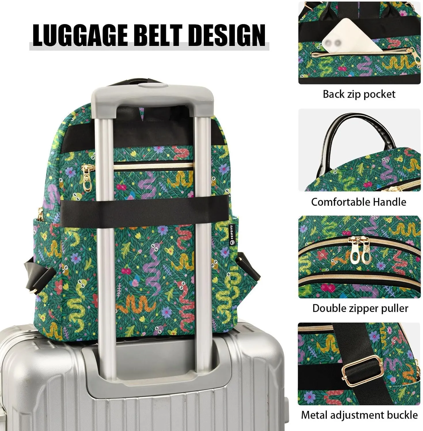 VIGTRO Women Fashion Backpack Quilted Mini Purse Cartoon Snakes Leaves Flowers, Lightweight Travel Casual Shoulder Backpack with Adjustable Straps Size M