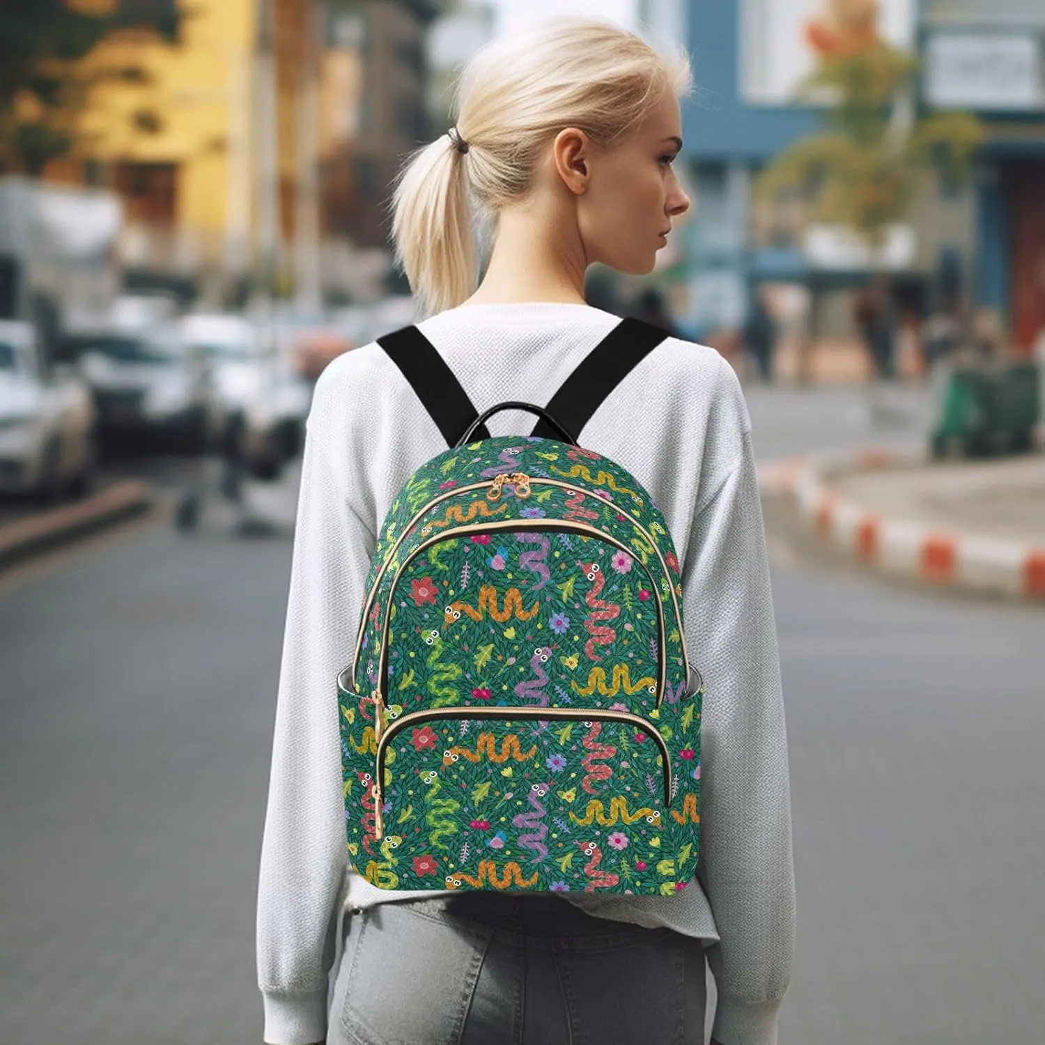 VIGTRO Women Fashion Backpack Quilted Mini Purse Cartoon Snakes Leaves Flowers, Lightweight Travel Casual Shoulder Backpack with Adjustable Straps Size M