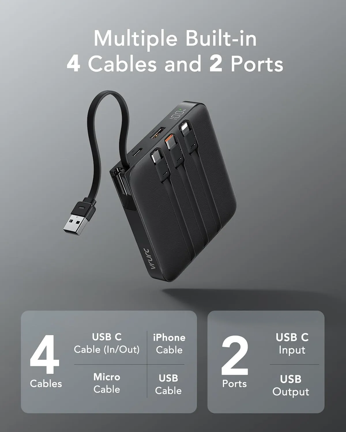 VRURC 20000mAh Portable Charger with Built-in Cables, Travel Essentials, 22.5W Fast Charging Power Bank for iPhone, Phone Battery Pack for iPhone 16 15 14 13 12 11 x Samsung Galaxy Series(1 Pack)
