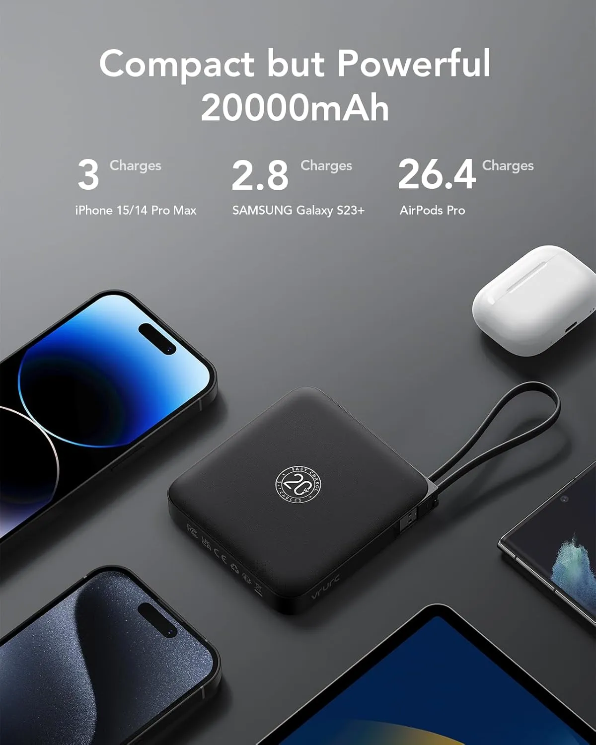 VRURC 20000mAh Portable Charger with Built-in Cables, Travel Essentials, 22.5W Fast Charging Power Bank for iPhone, Phone Battery Pack for iPhone 16 15 14 13 12 11 x Samsung Galaxy Series(1 Pack)