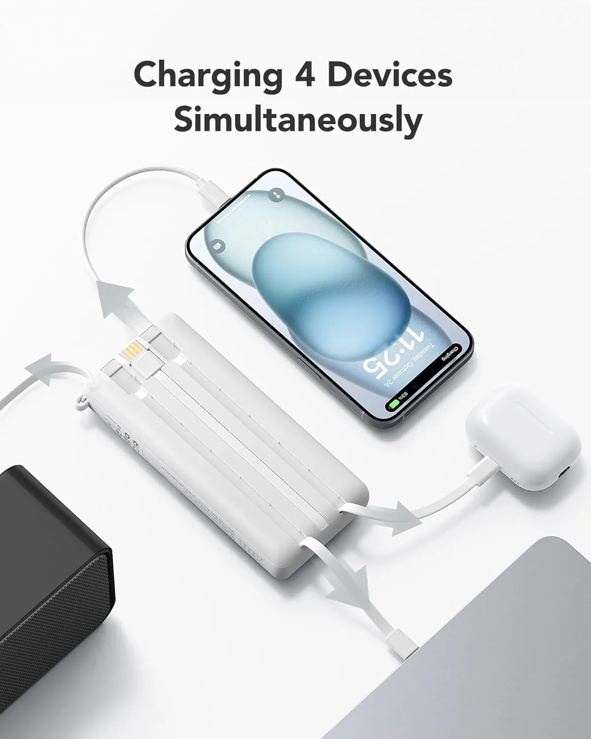 VRURC Portable Charger 20000mAh, Built-in Cable Fast Charging Power Bank, PD QC 3.0 Travel Essentials Battery Pack, 4 Output & 2 Input Phone Charger for iPhone,Samsung, Android-White