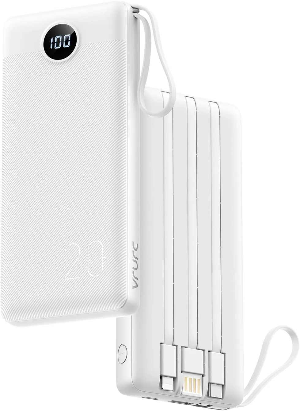 VRURC Portable Charger 20000mAh, Built-in Cable Fast Charging Power Bank, PD QC 3.0 Travel Essentials Battery Pack, 4 Output & 2 Input Phone Charger for iPhone,Samsung, Android-White