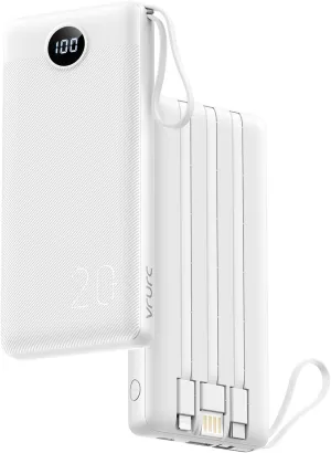VRURC Portable Charger 20000mAh, Built-in Cable Fast Charging Power Bank, PD QC 3.0 Travel Essentials Battery Pack, 4 Output & 2 Input Phone Charger for iPhone,Samsung, Android-White