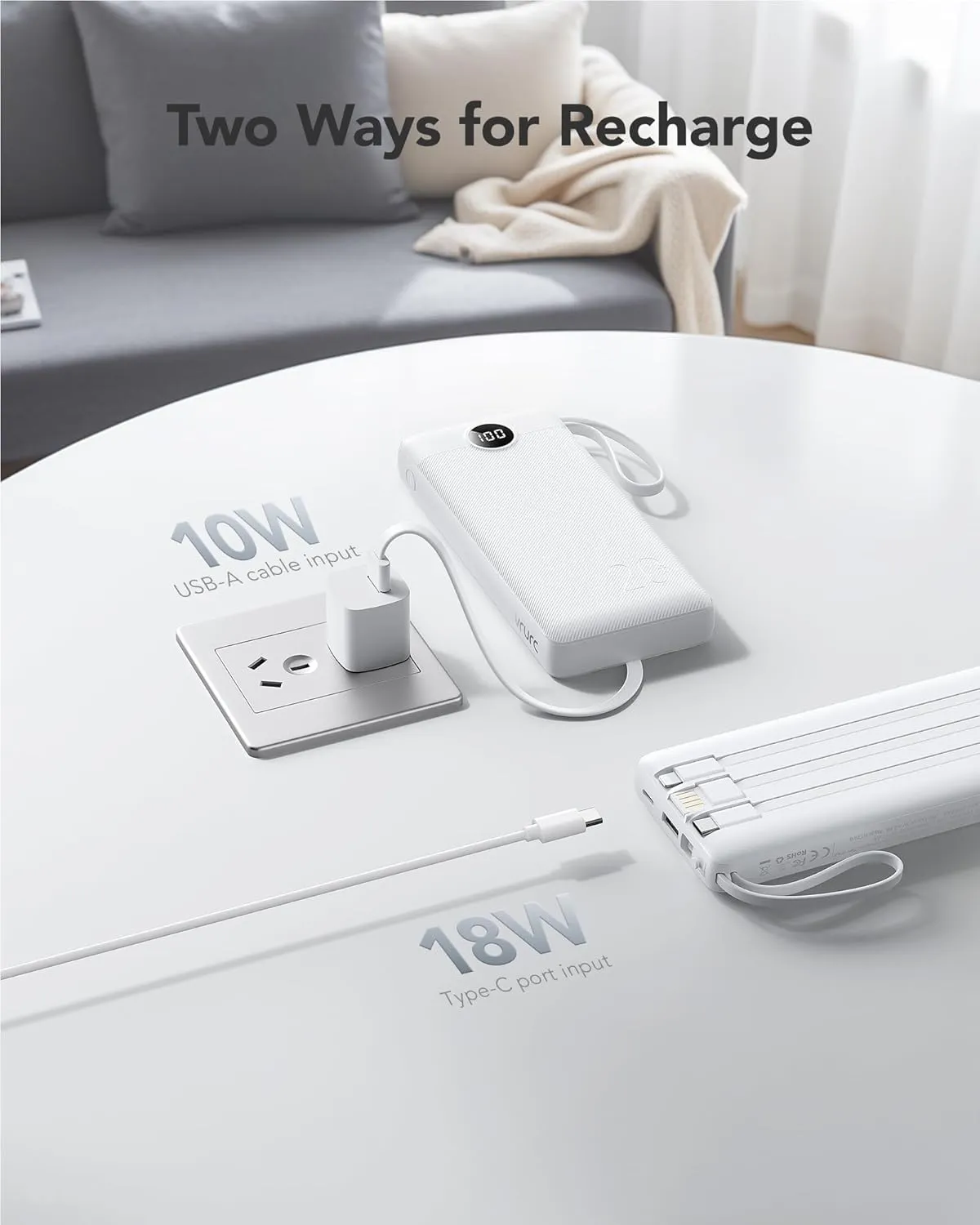 VRURC Portable Charger 20000mAh, Built-in Cable Fast Charging Power Bank, PD QC 3.0 Travel Essentials Battery Pack, 4 Output & 2 Input Phone Charger for iPhone,Samsung, Android-White