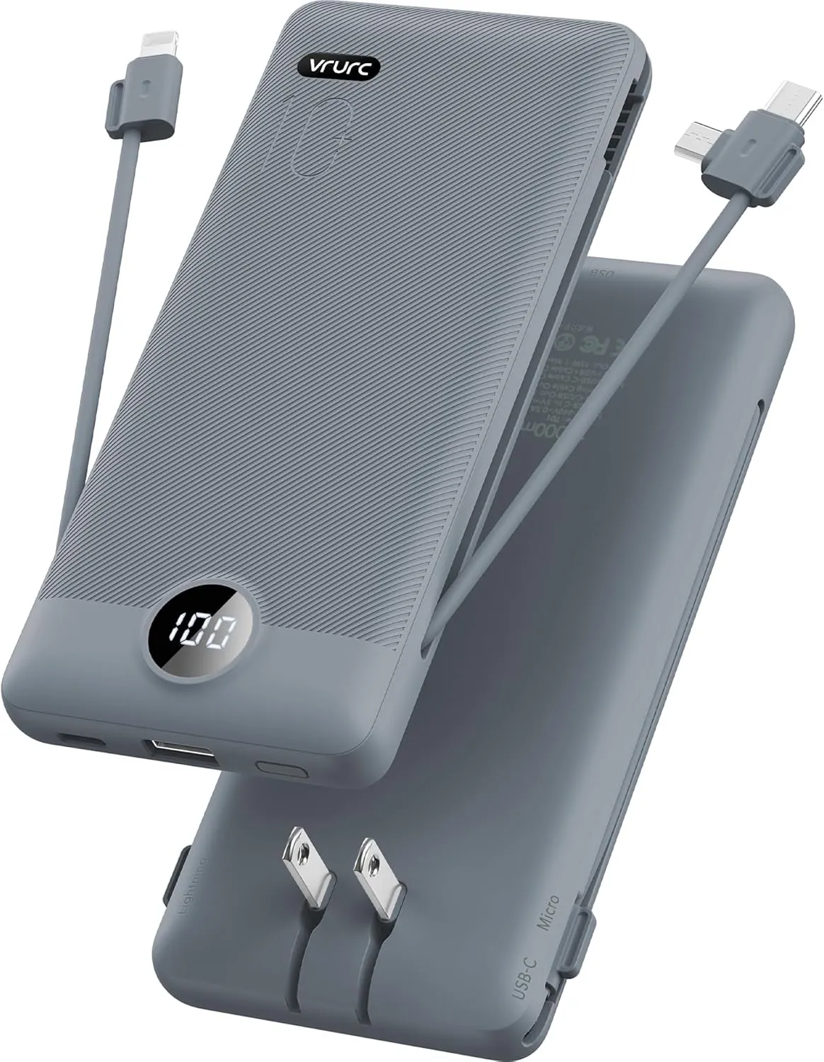 VRURC Portable Charger Built-in Cables and AC Wall Plug, USB C Power Bank 10000mAh, Travel Battery Portable Phone Charger Compact Lightweight External Battery Pack for Smart Phones, Tablets etc-Grey