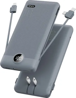 VRURC Portable Charger Built-in Cables and AC Wall Plug, USB C Power Bank 10000mAh, Travel Battery Portable Phone Charger Compact Lightweight External Battery Pack for Smart Phones, Tablets etc-Grey