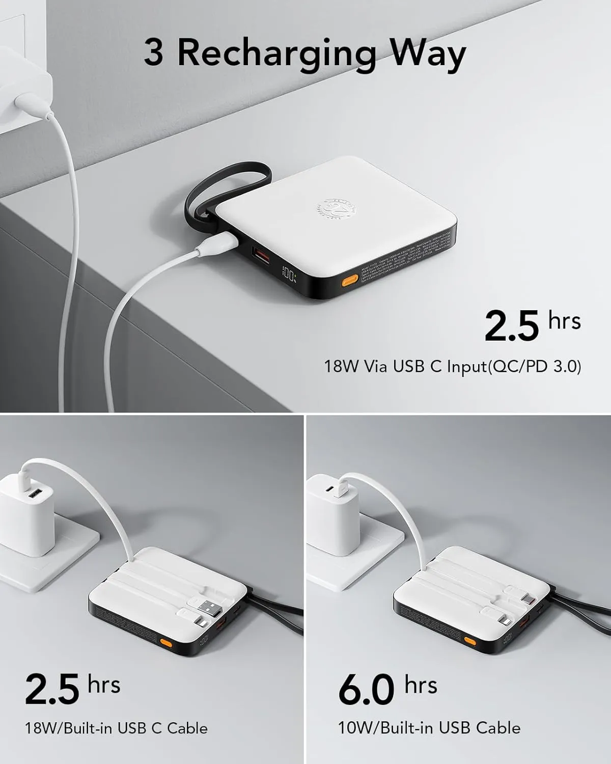 VRURC Portable Charger with Built-in 4 Cables, 10000mAh Battery Pack PD 20W for iPhone, 22.5W USB C Travel Power Bank for iPhone 16 15 14 13 Samsung Galaxy S23 S22 Google Android Phones, Whtie