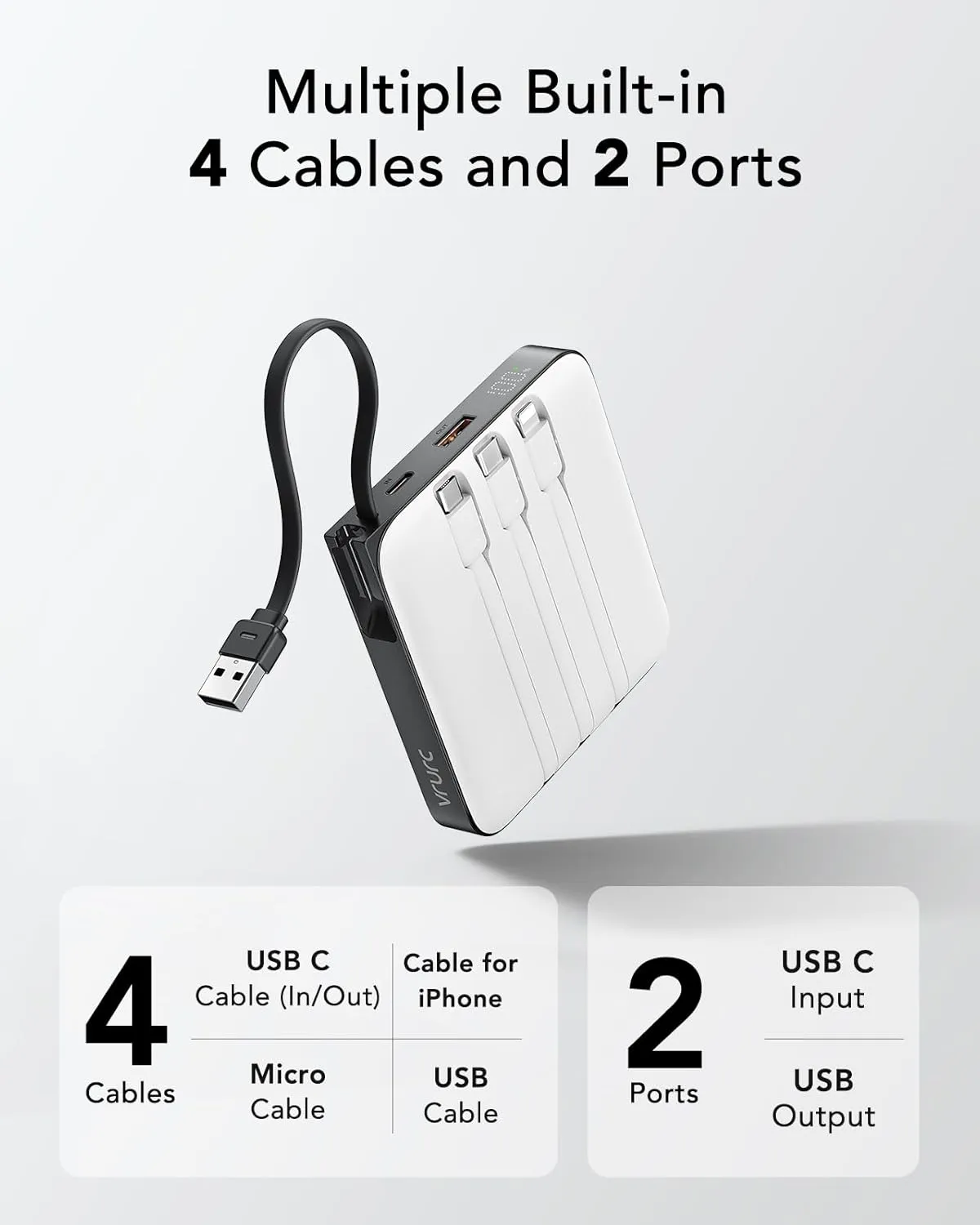 VRURC Portable Charger with Built-in 4 Cables, 10000mAh Battery Pack PD 20W for iPhone, 22.5W USB C Travel Power Bank for iPhone 16 15 14 13 Samsung Galaxy S23 S22 Google Android Phones, Whtie