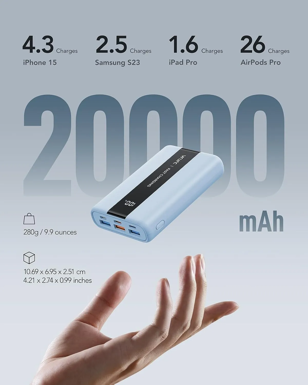 VRURC Power Bank,20000mAh Portable Charger Fast Charging,Compact Travel Essentail,4 Outputs 3 Inputs Battery Pack USB C for iPhone Series,Samsung,Android-Blue