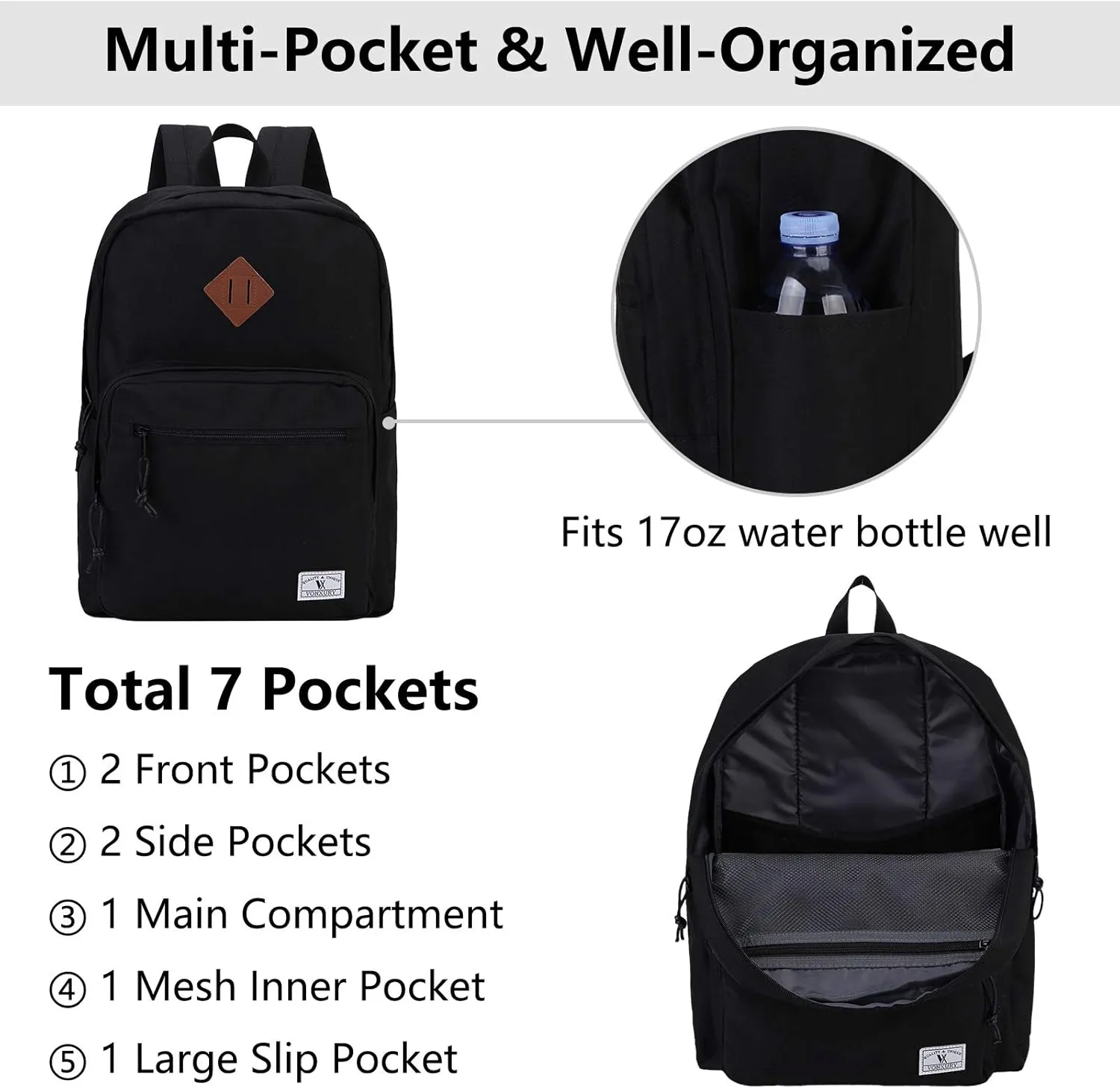 VX VONXURY School Backpack for Men Women,Lightweight Classic Basic Bookbag Simple Kids Black Backpack for College Travel