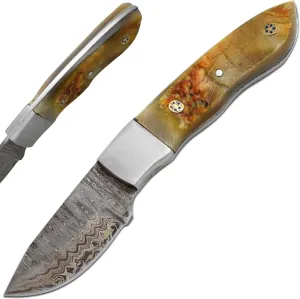 Wild Turkey Handmade Damascus Steel Ram Horn Handle Fixed Blade Full Tang Hunting Knife w/Leather Sheath Hunting Camping Fishing Outdoor