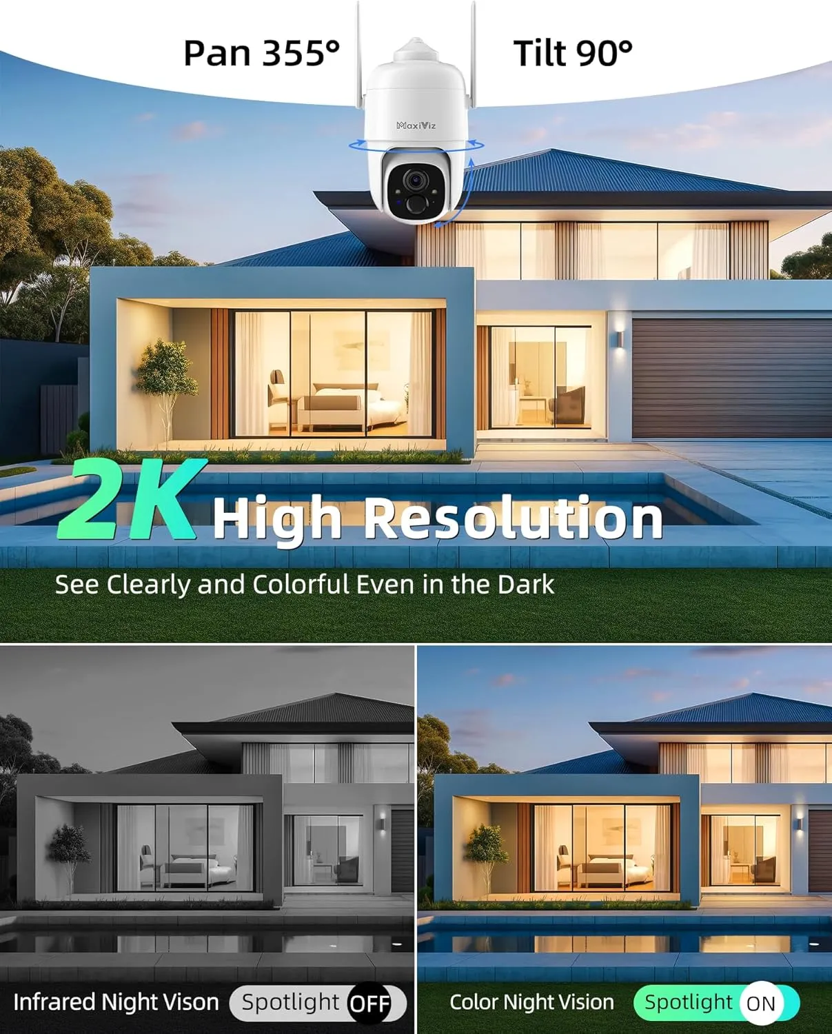 Wireless Solar Security Camera Outdoor, Home Security Cameras with Solar Panel 360° Live View, 2K Color Night Vision, AI Motion Detection, IP66 Weatherproof, Local/Cloud Storage (2 Packs)