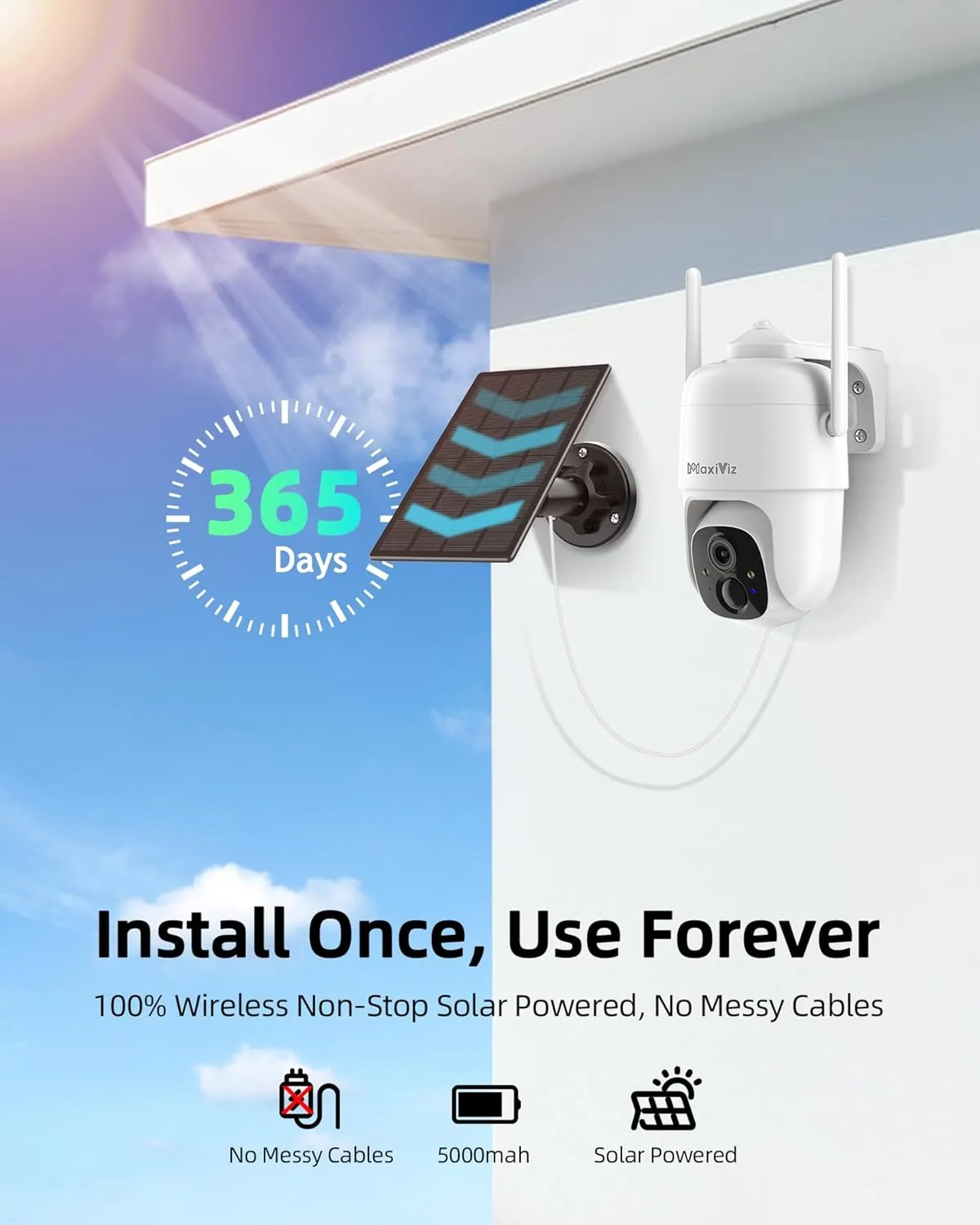 Wireless Solar Security Camera Outdoor, Home Security Cameras with Solar Panel 360° Live View, 2K Color Night Vision, AI Motion Detection, IP66 Weatherproof, Local/Cloud Storage (2 Packs)