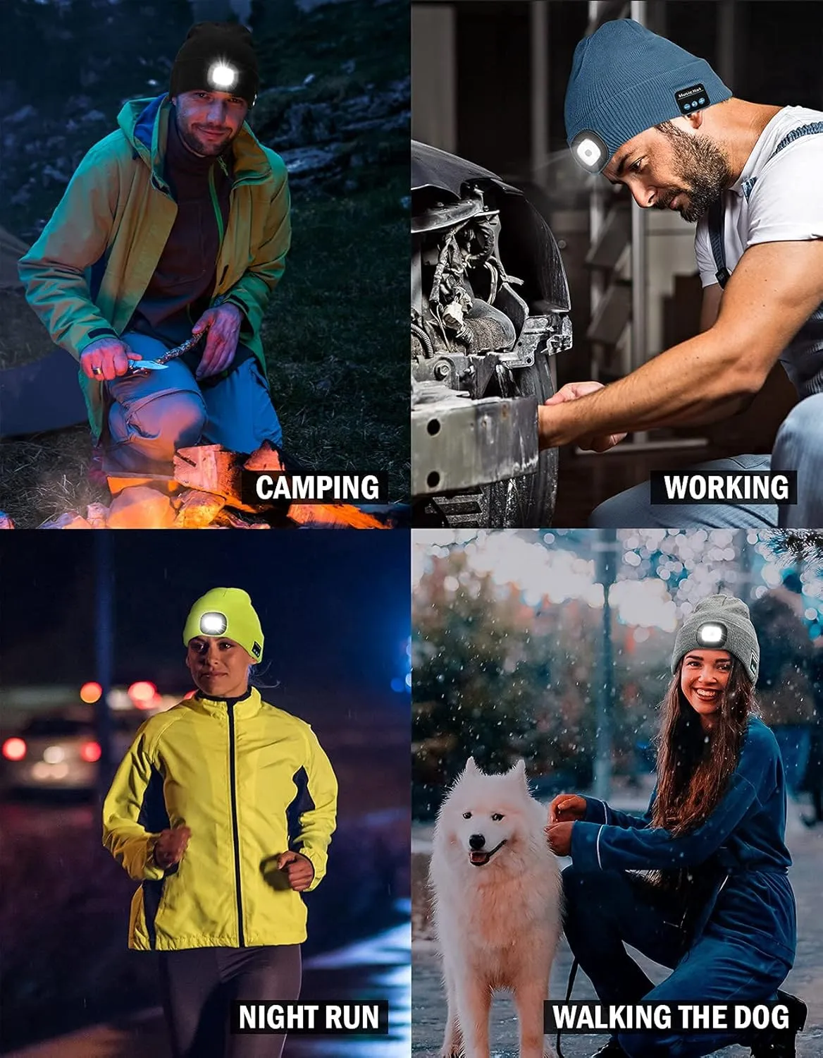 Wmcaps Bluetooth Beanie with a Light, Unisex USB Rechargeable 4 LED Fashlight Hat with Cordless Headphones, Unique Christmas Birthday Gifts for Men Him Husband Teen Black