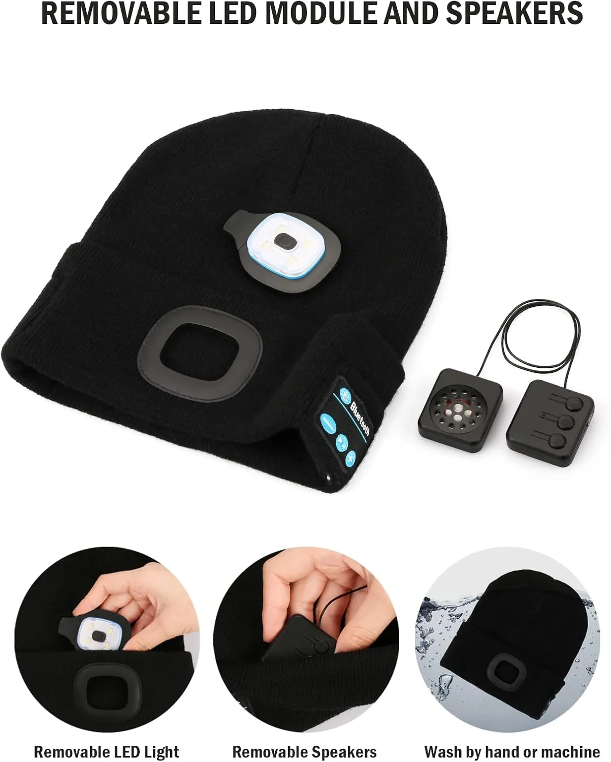 Wmcaps Bluetooth Beanie with a Light, Unisex USB Rechargeable 4 LED Fashlight Hat with Cordless Headphones, Unique Christmas Birthday Gifts for Men Him Husband Teen Black