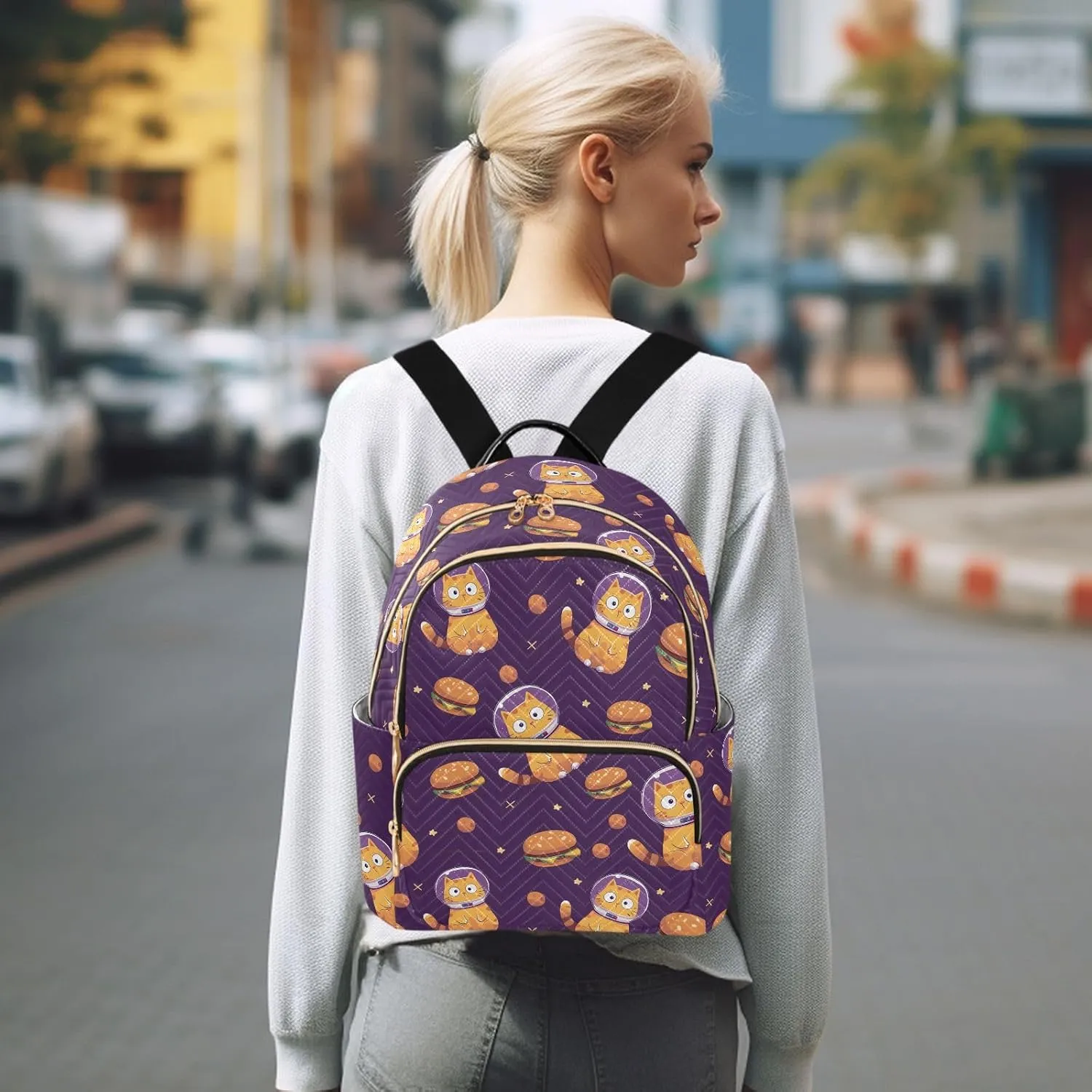 Women Backpack Astronaut Cat Hamburger Funny Backpack Purse Lightweight Small Casual Daily Travel Back Pack