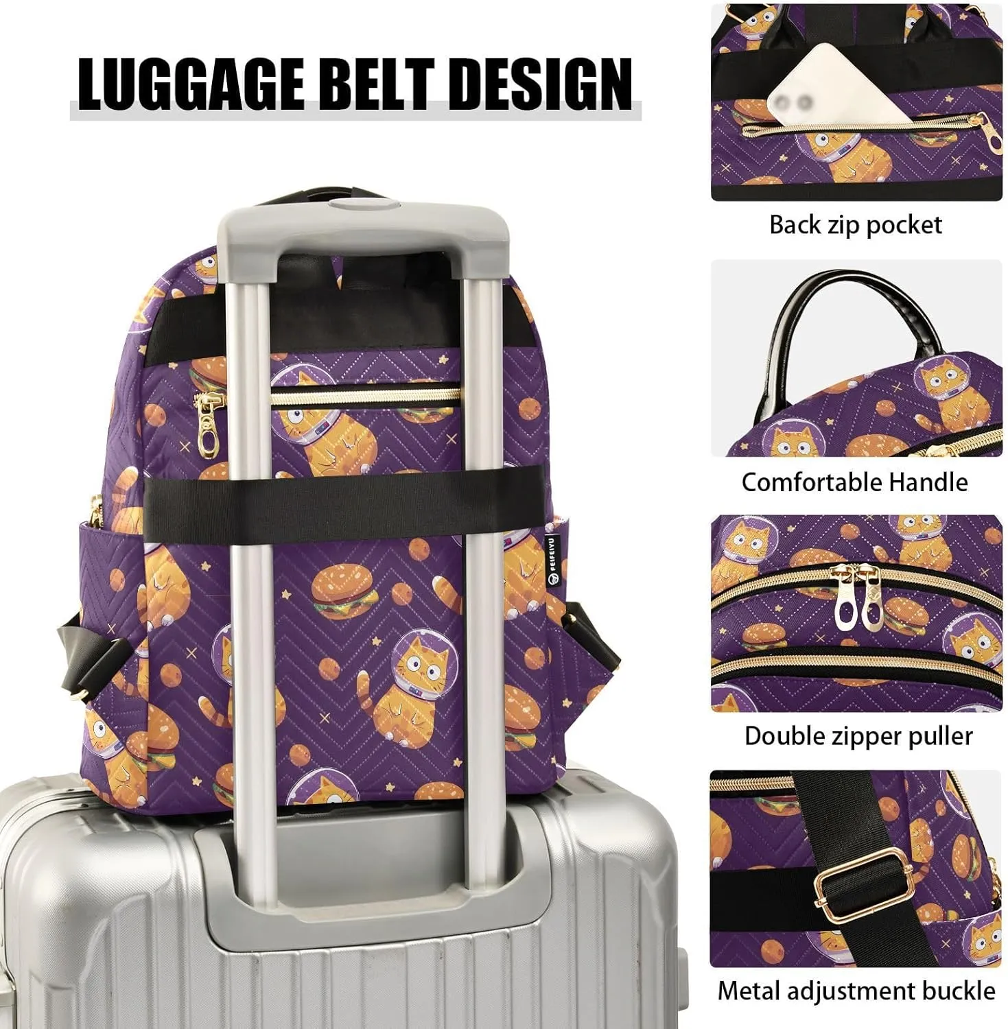 Women Backpack Astronaut Cat Hamburger Funny Backpack Purse Lightweight Small Casual Daily Travel Back Pack