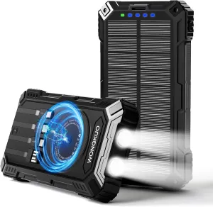 WONGKUO Solar Charger Power Bank - 49800mAh Solar Phone Charger with USB-C in/Output, QC 3.0 Fast Charging with LED Flashlight, Portable Power Bank Built-in 4 Cables, IP65 Waterproof Fits for Outdoor