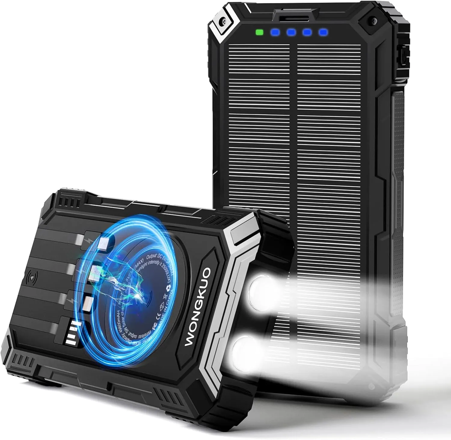 WONGKUO Solar Charger Power Bank - 49800mAh Solar Phone Charger with USB-C in/Output, QC 3.0 Fast Charging with LED Flashlight, Portable Power Bank Built-in 4 Cables, IP65 Waterproof Fits for Outdoor