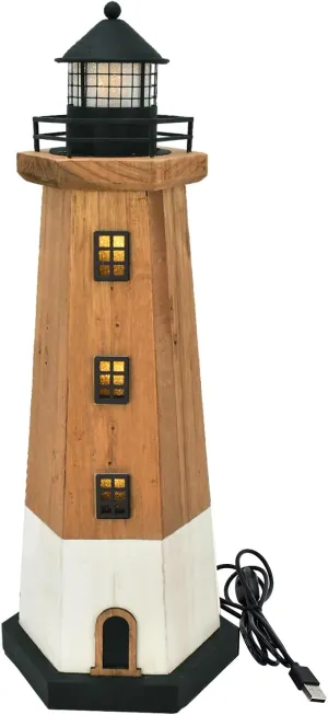 Wooden Lighthouse Decor with Light Nautical Tabletop Centerpiece Beach Themed Decoration Decorative Light Tower Wood Coastal Figurine Indoor Outdoor Party Décor Ocean Ornament (Brown)