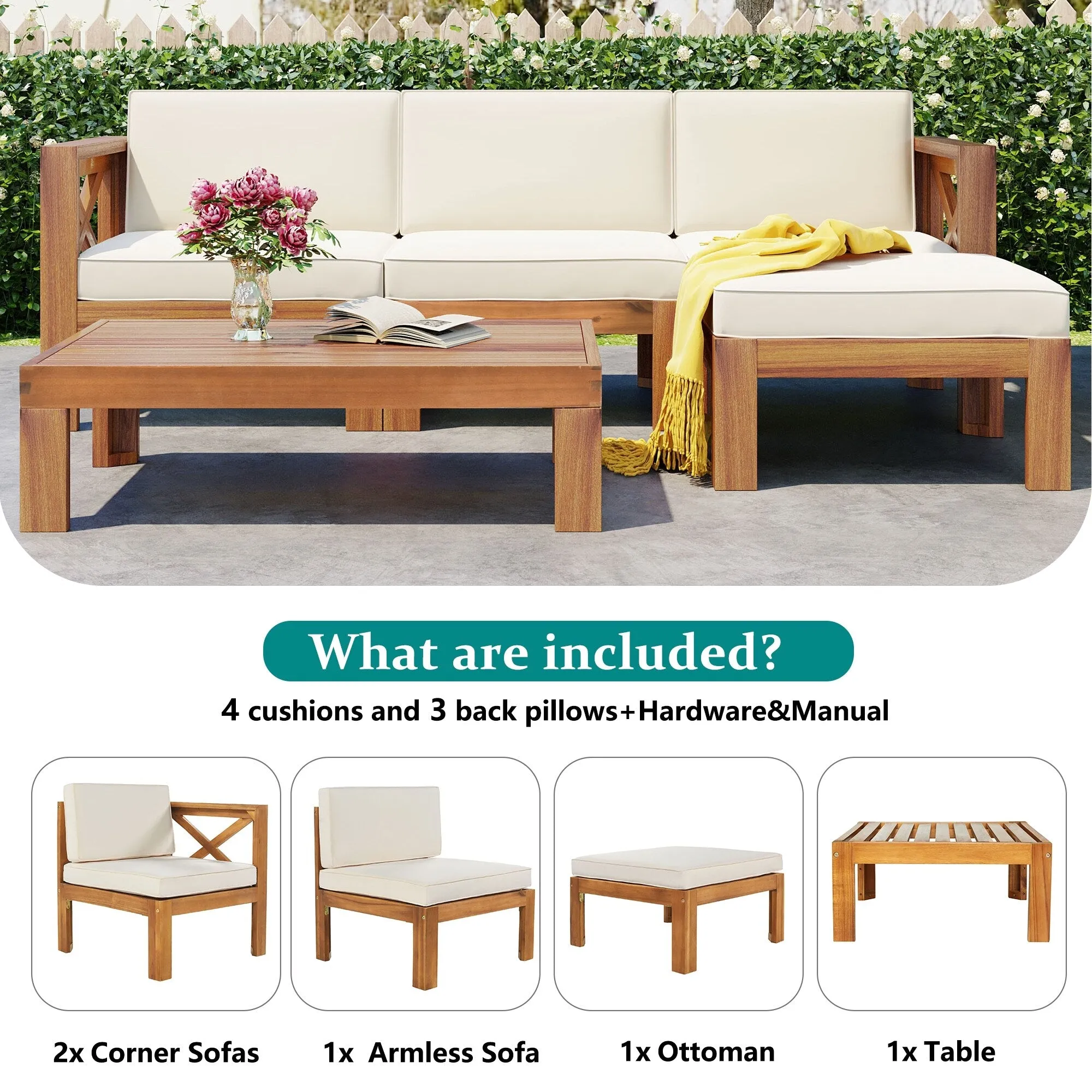 Wooden Sectional Sofa with Chaise Lounge Seating Group Set wEnd Table