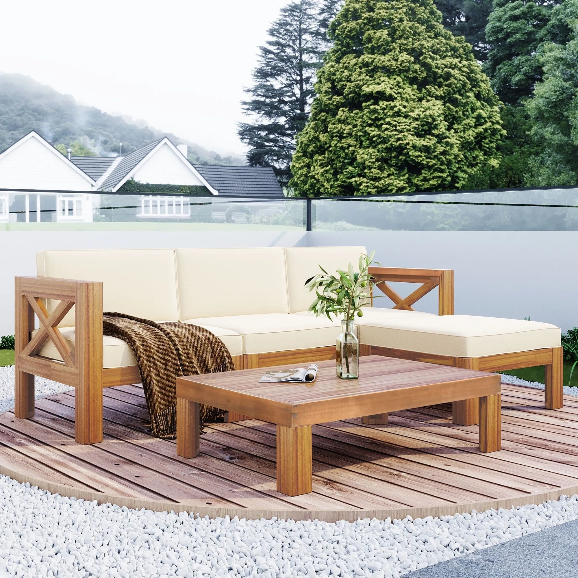 Wooden Sectional Sofa with Chaise Lounge Seating Group Set wEnd Table