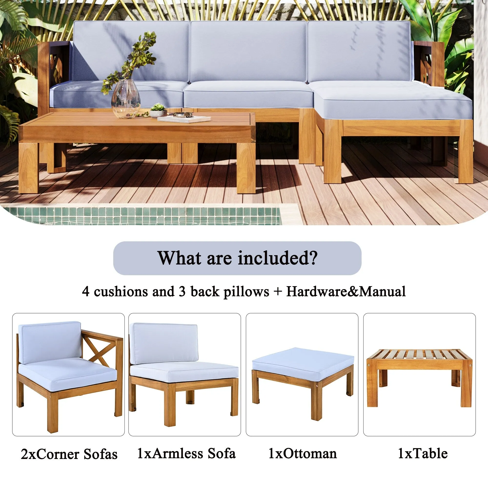 Wooden Sectional Sofa with Chaise Lounge Seating Group Set wEnd Table