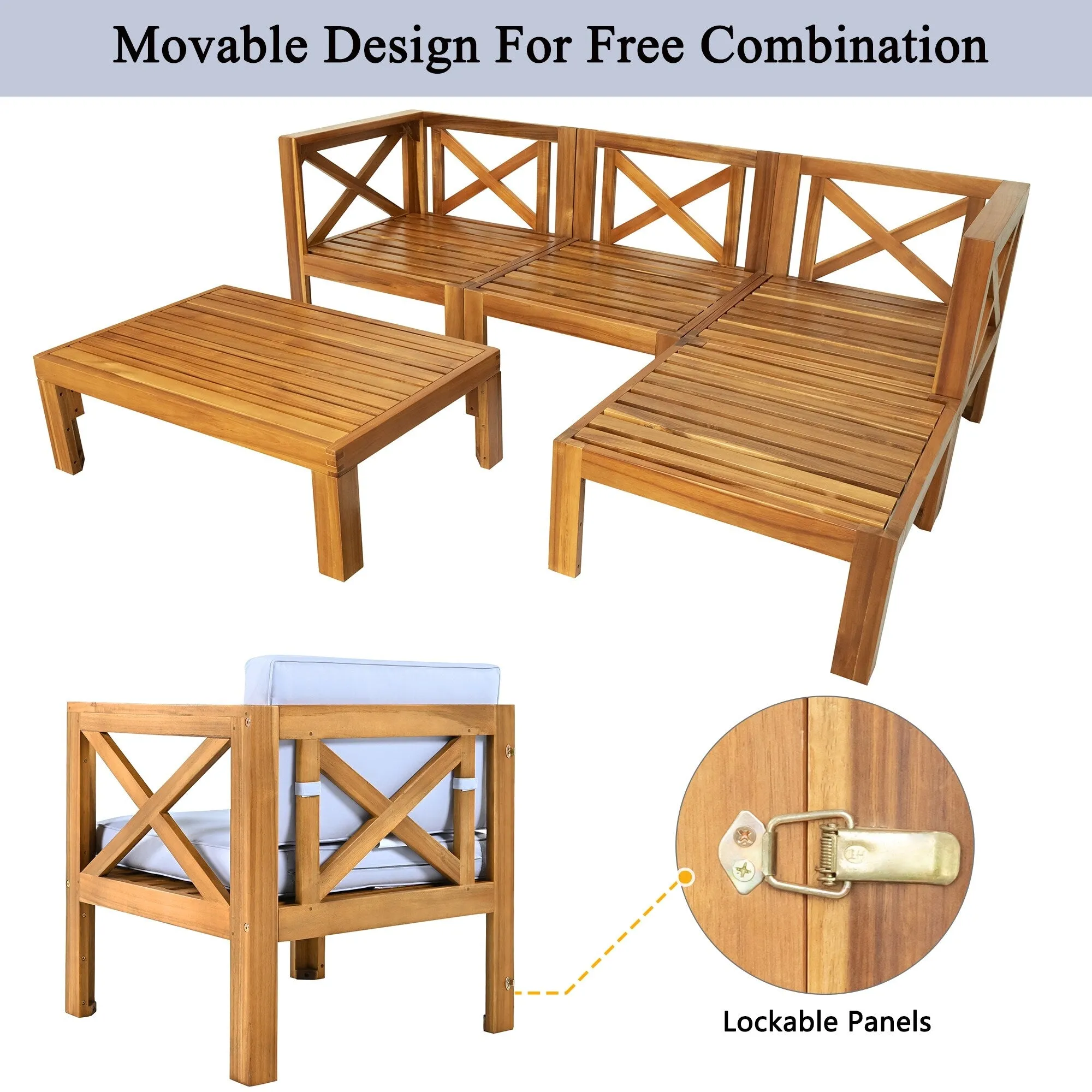 Wooden Sectional Sofa with Chaise Lounge Seating Group Set wEnd Table