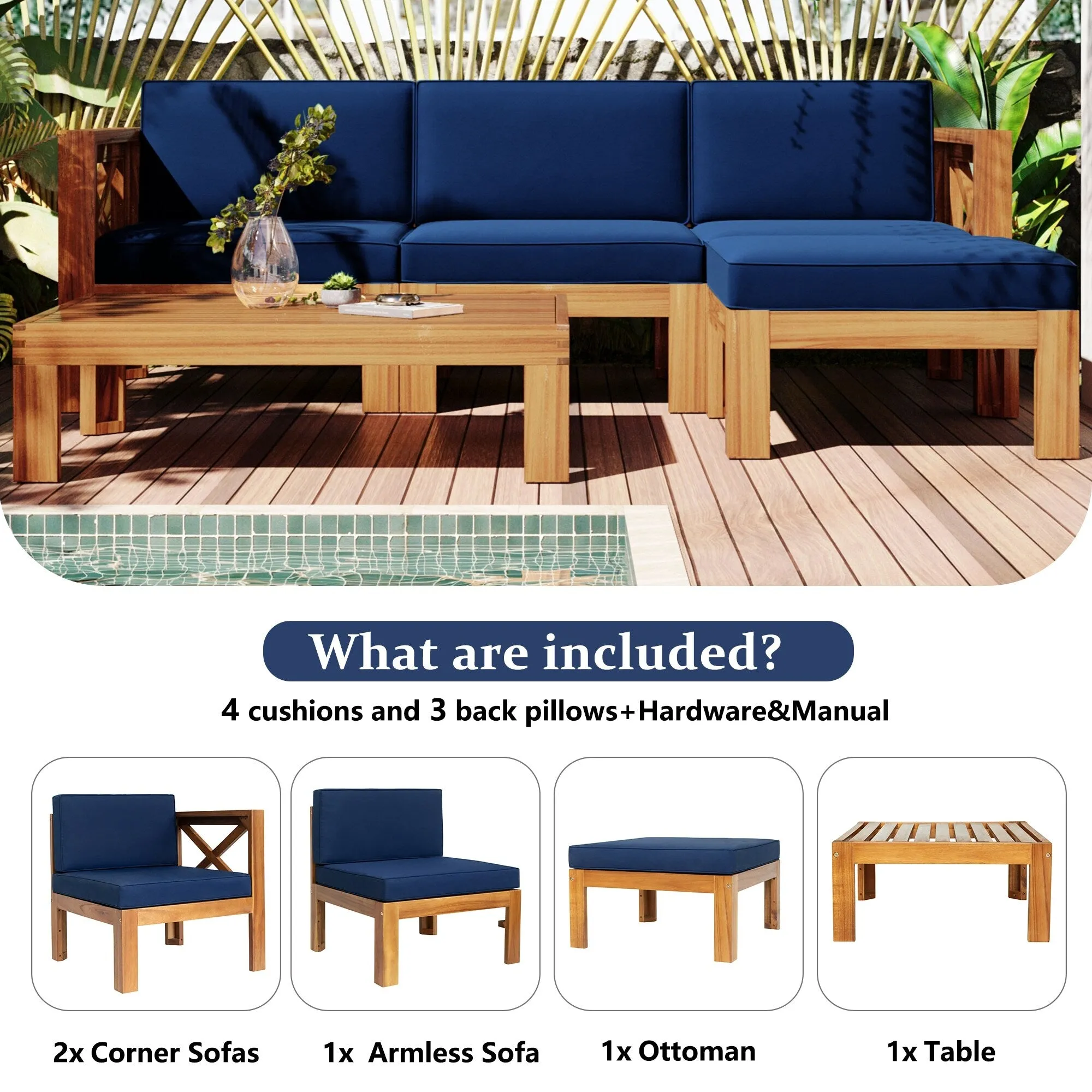 Wooden Sectional Sofa with Chaise Lounge Seating Group Set wEnd Table