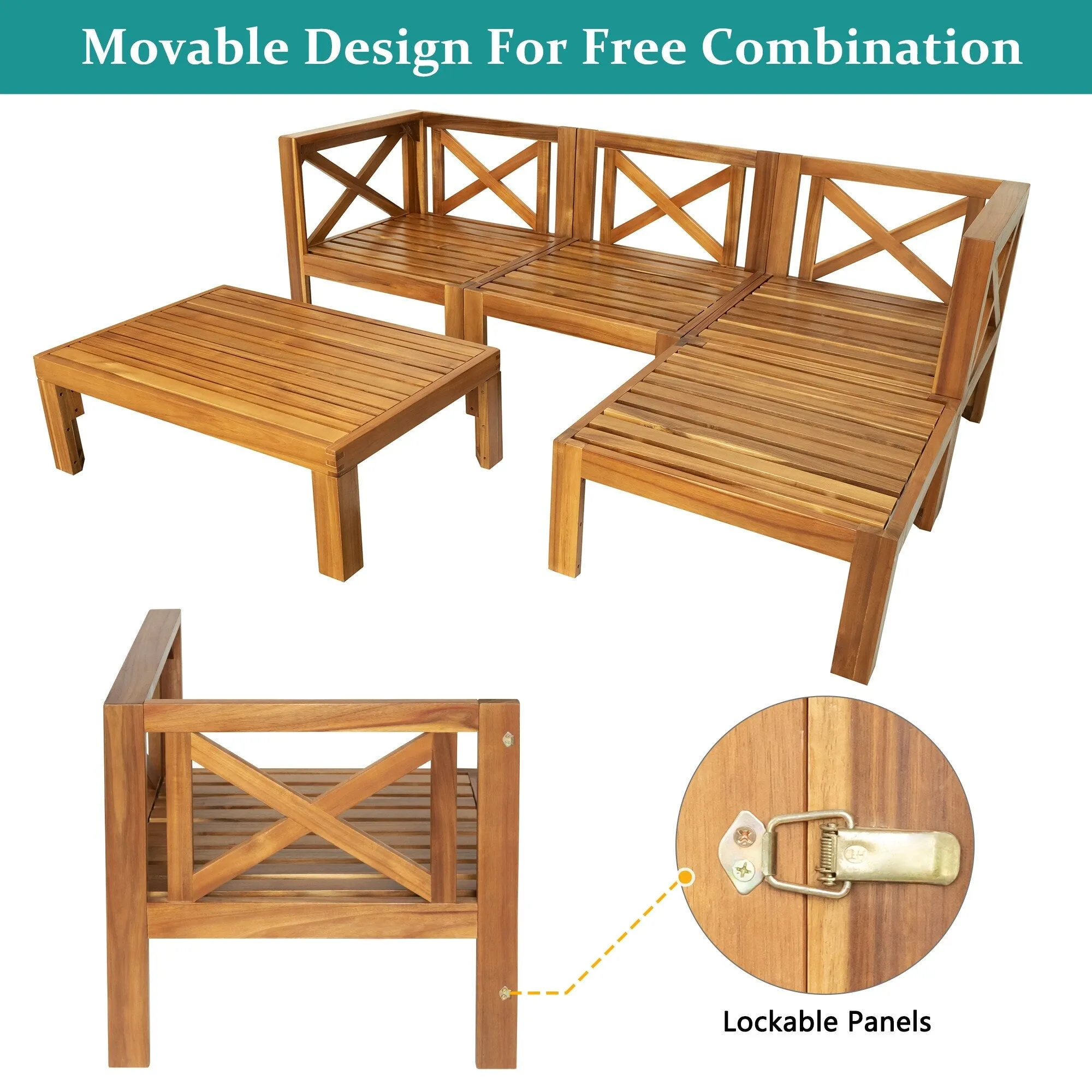 Wooden Sectional Sofa with Chaise Lounge Seating Group Set wEnd Table